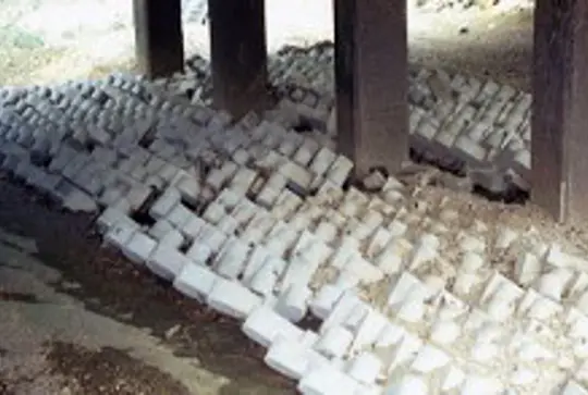 ArmorFlex cellular concrete blocks protecting a bridge from erosion and scour.